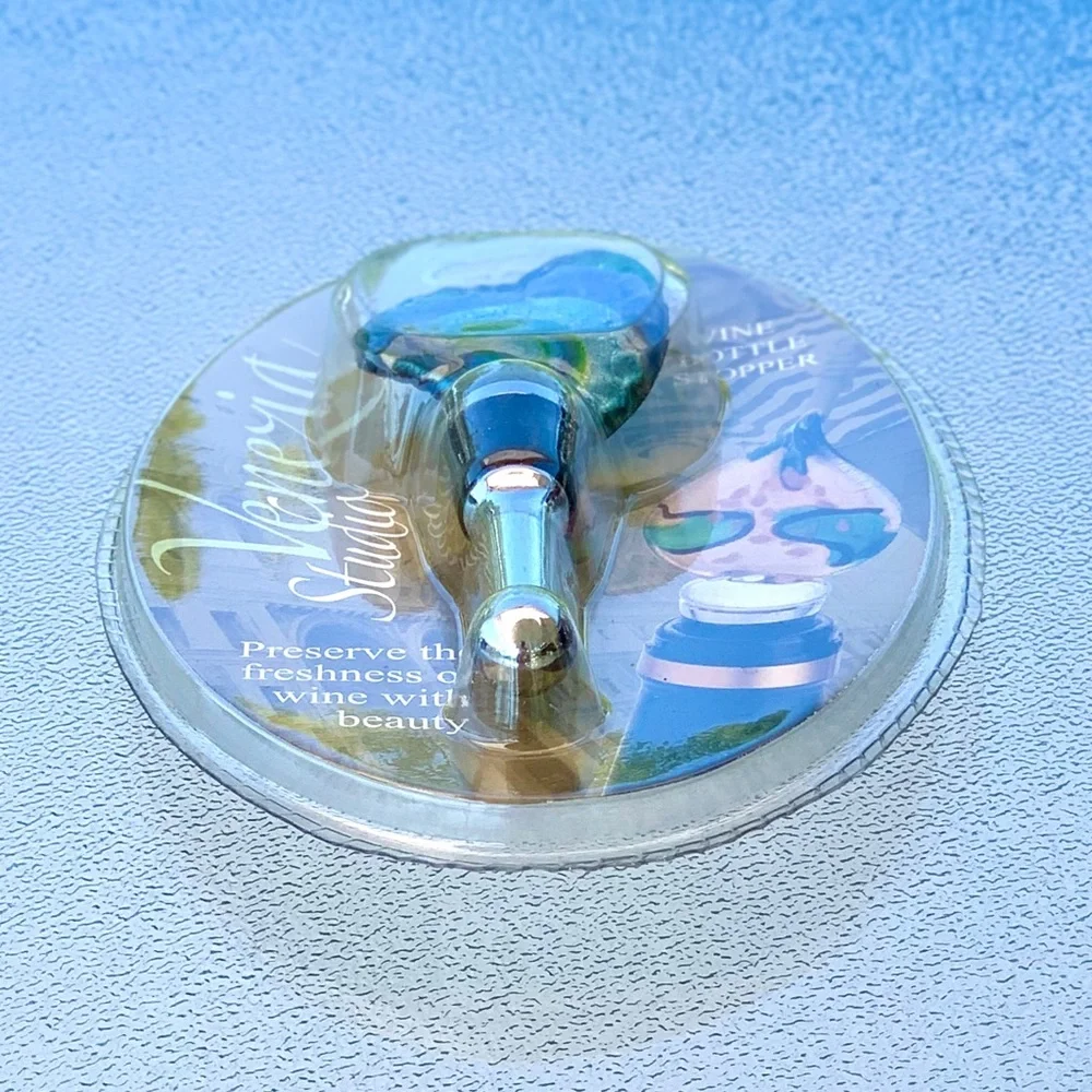 Venezia Colorful Blue and Green Shimmery Heart Studios Glass Wine Bottle Stopper